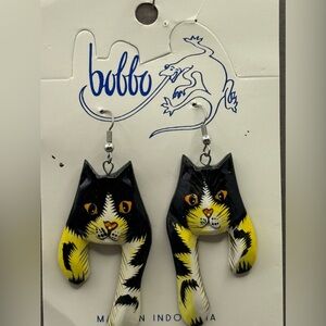 Vintage BOBO Cat Dangle Earrings Kitty Novelty 1980s Lightweight New On Car